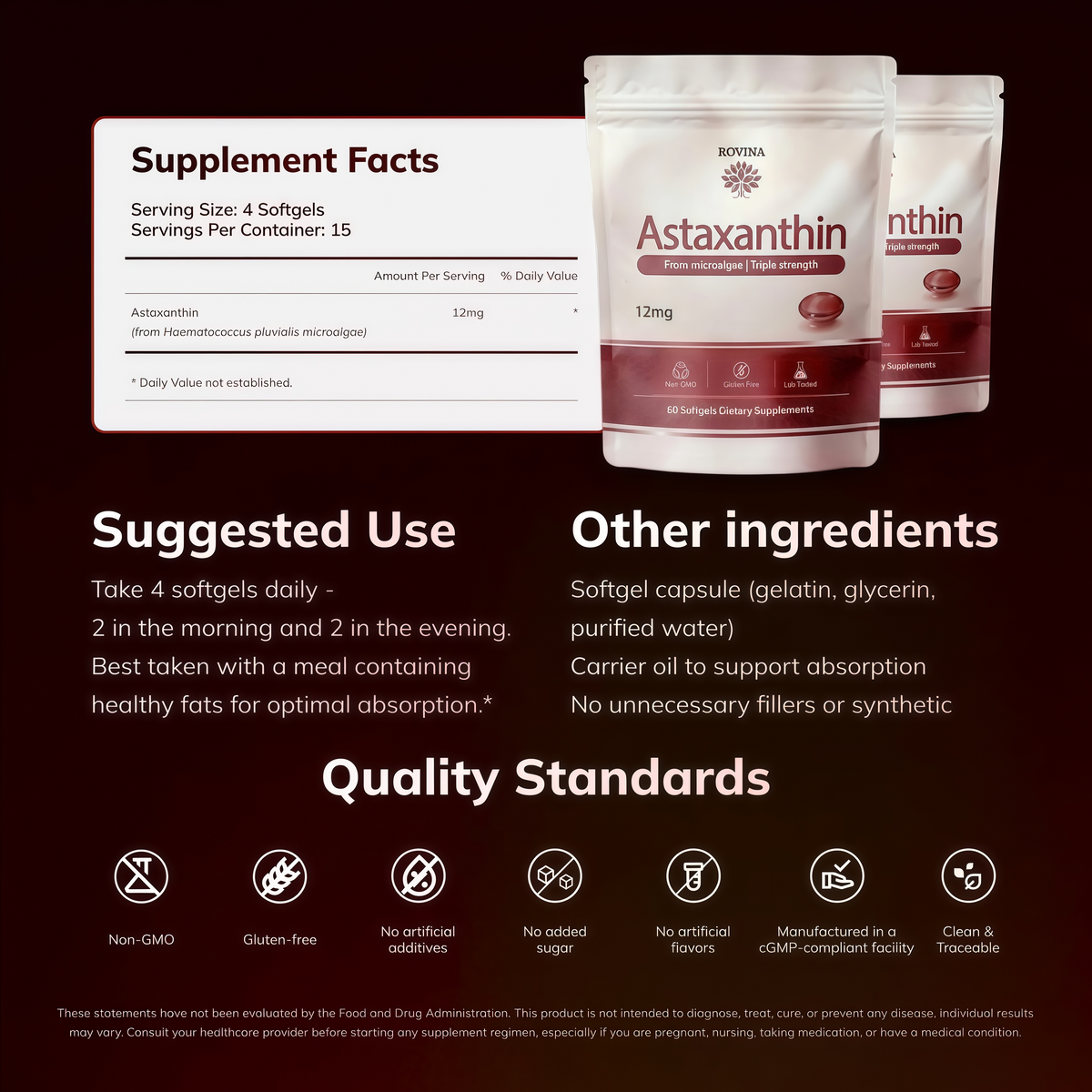 ROVINA Astaxanthin 12mg Softgels, Triple Strength Antioxidant